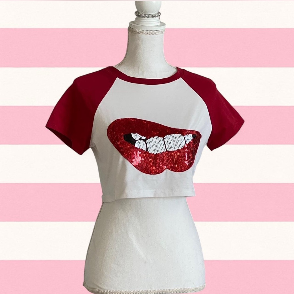 Red and White Sequin Lips Top